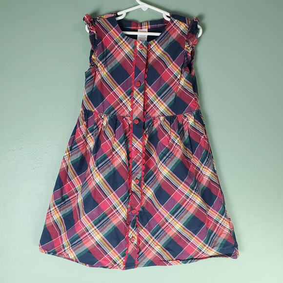 Gymboree Girls Apple Orchard Plaid Poplin Button Babydoll Ruffle Dress Size 7 - Picture 1 of 5